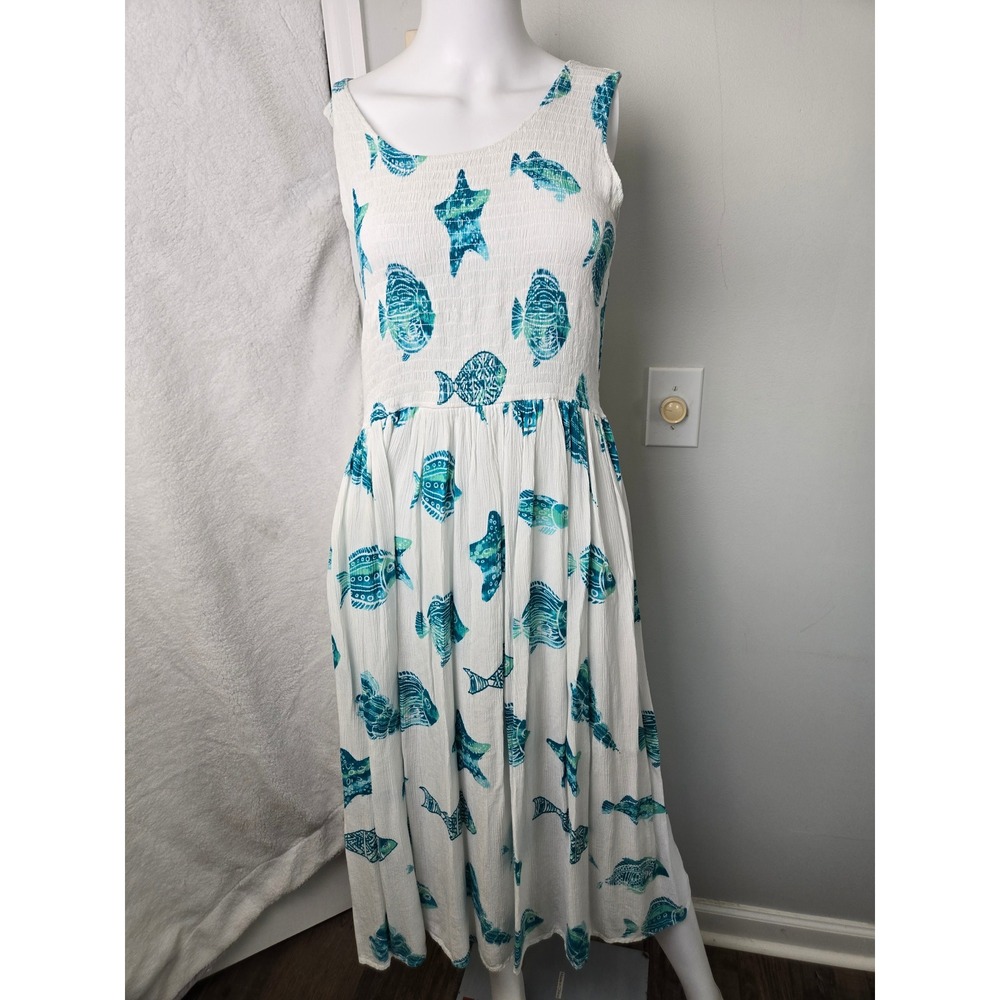 KaktusWhite Teal Tropical Fish Ocean Smocked Gauze Midi Dress Sleeveless L
